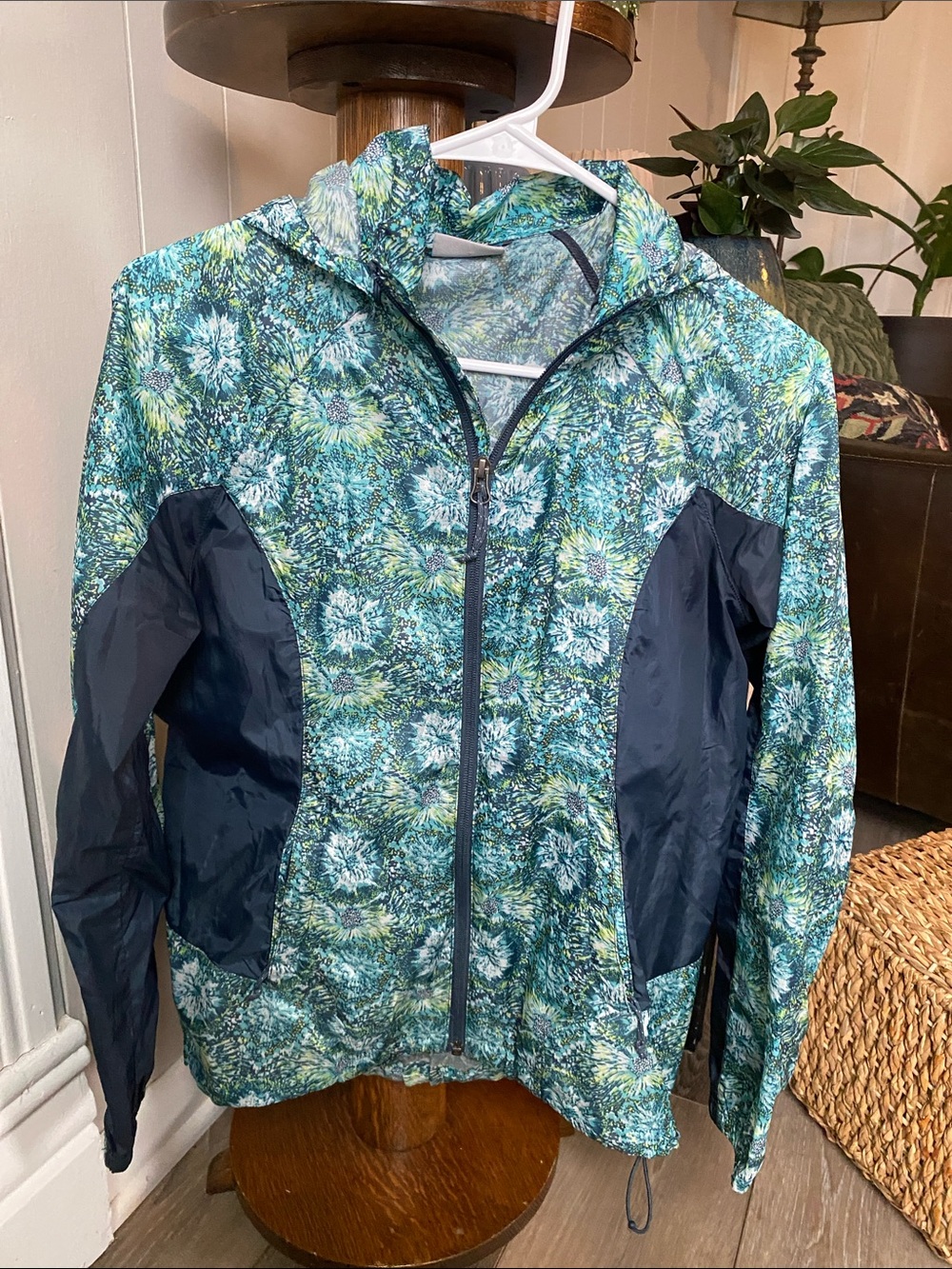 Floral Teal Hooded Utility Jacket with Navy Panels